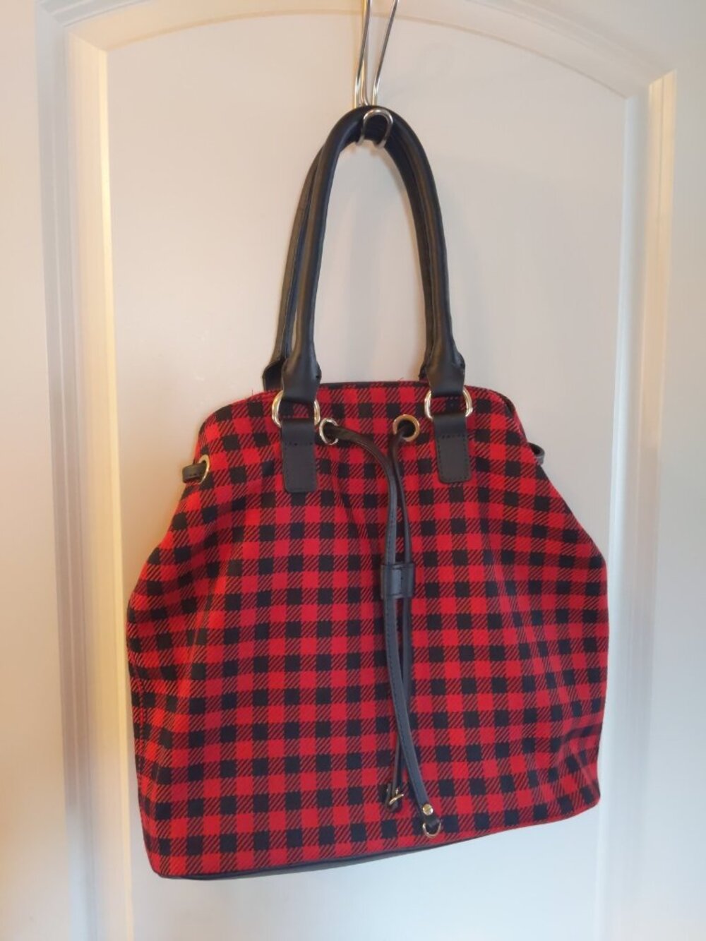 Talbots Red Black Buffalo Plaid Check Cotton Leather Top Handle Bucket Bag